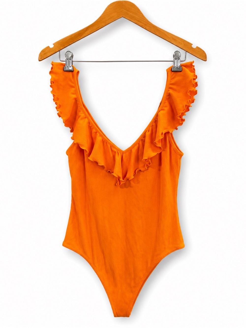 WILFRED Ruffle Ribbed Bodysuit Orange V-Neck Sleeveless Summer Festival